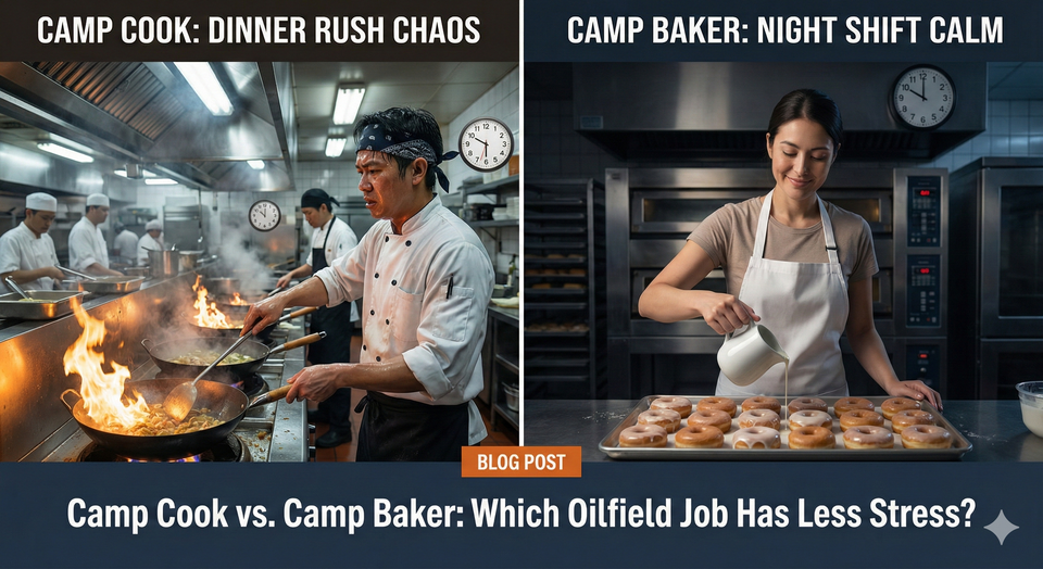 A side-by-side comparison A sweaty camp cook managing four flaming woks during dinner rush vs. a calm baker glazing donuts in a quiet kitchen at night.