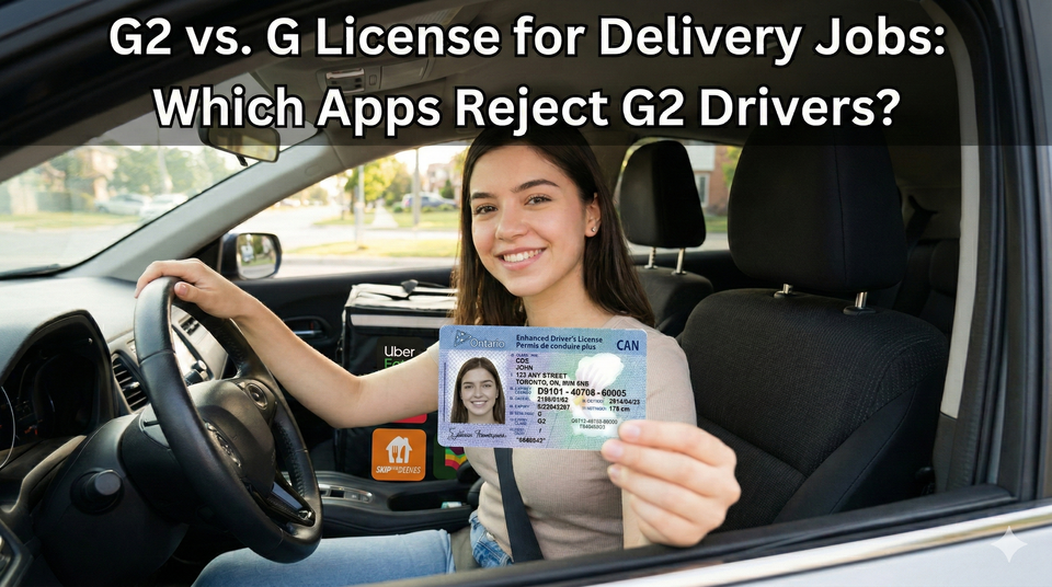  A young driver holding an Ontario G2 driver's license in front of a steering wheel, with a thermal food delivery bag sitting in the passenger seat.